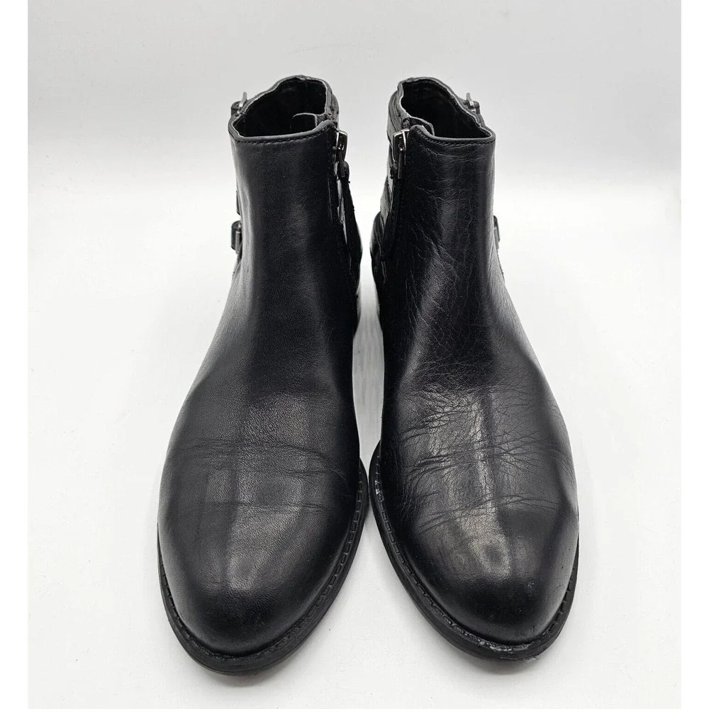 Franco Sarto Cyan Boots Women 6.5 Black Leather Ankle Booties Buckles Block Heel